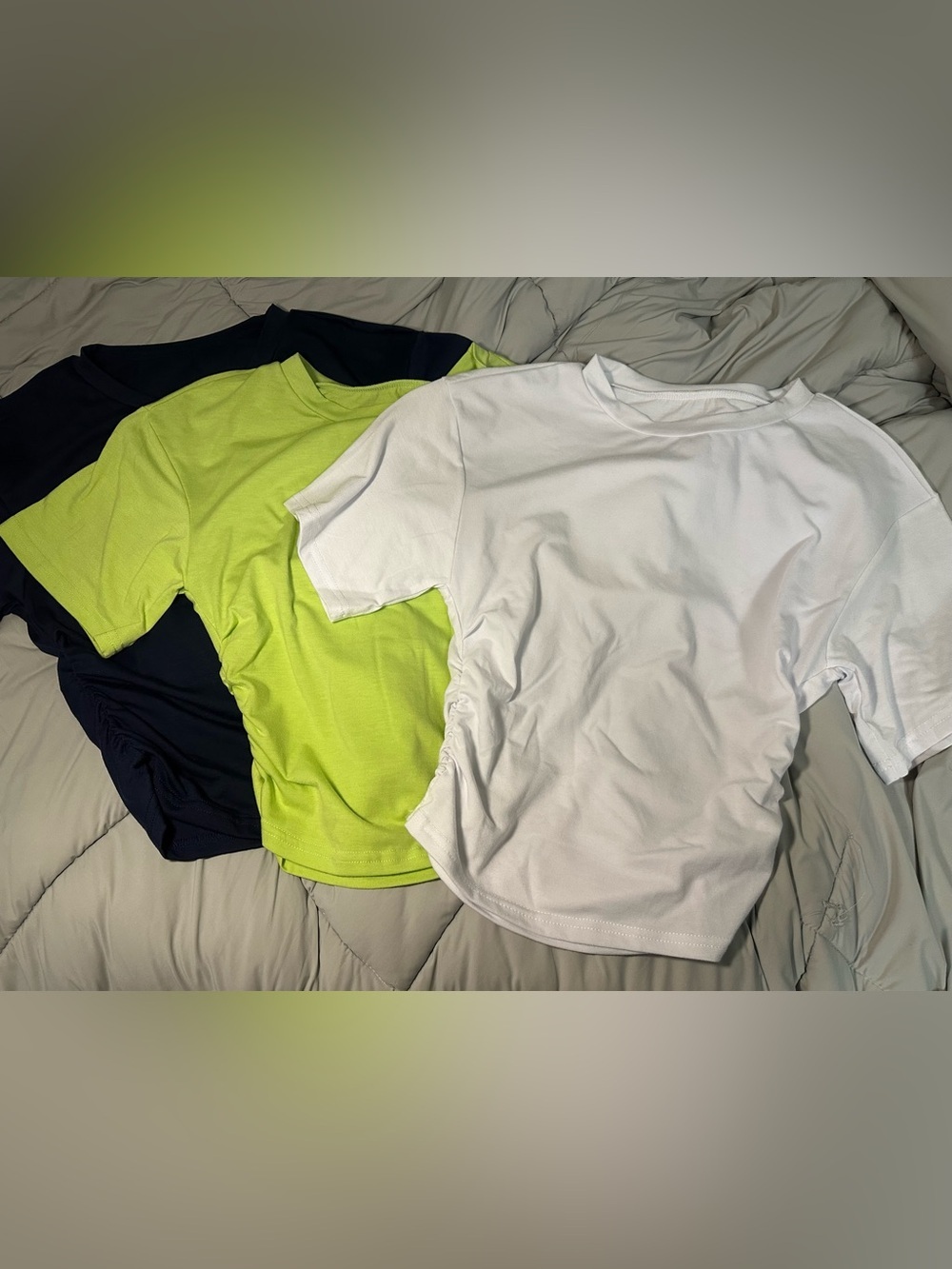 Set of Three Casual Ruched Tee Tops — White, Neon Green, Navy